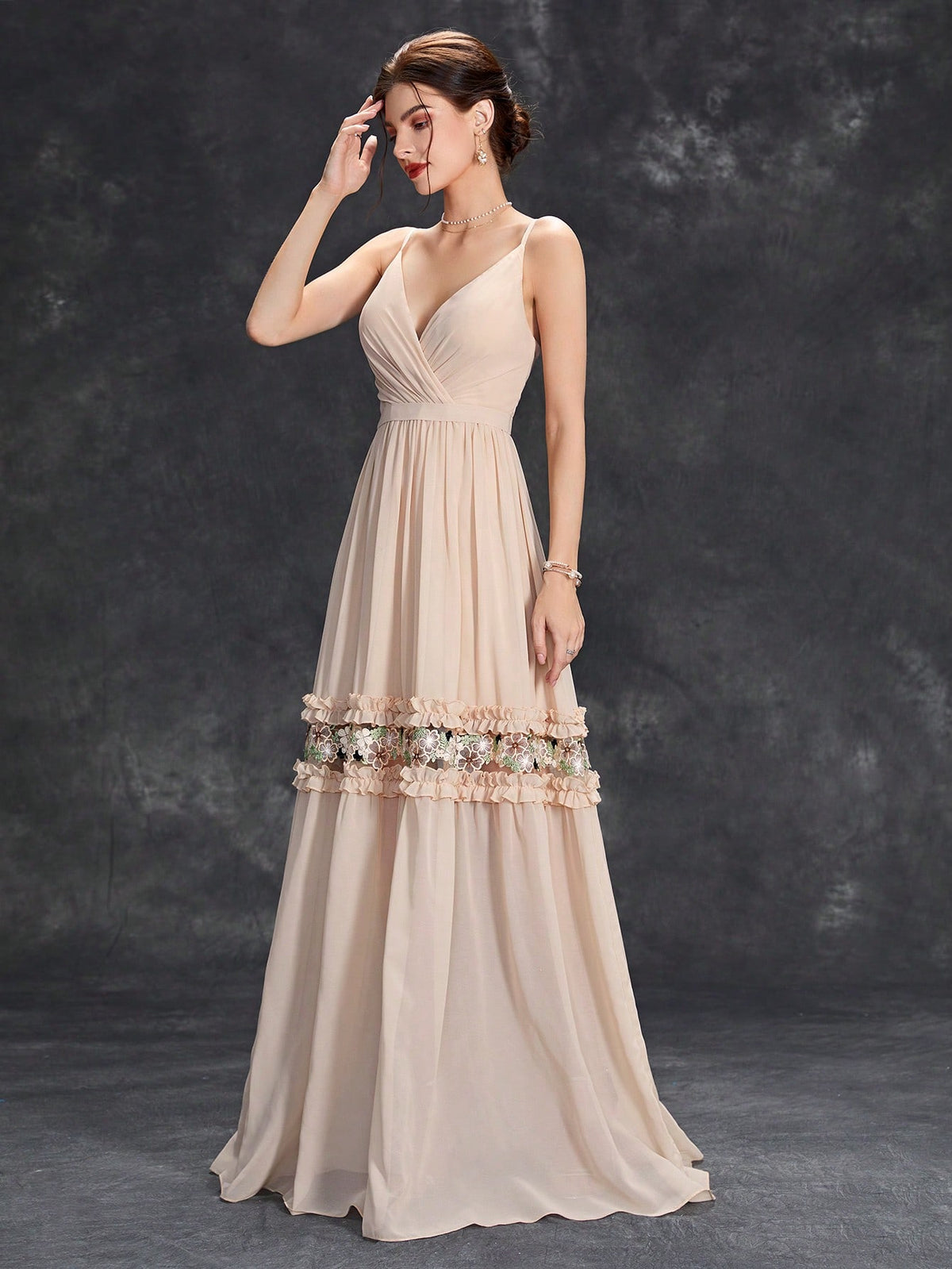 Floral Embroidery Ruffle Trim Bridesmaid Dress