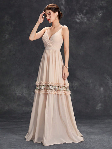 Floral Embroidery Ruffle Trim Bridesmaid Dress