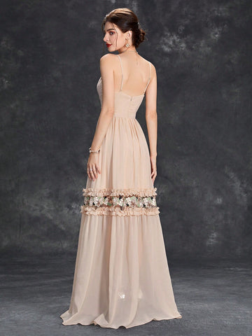 Floral Embroidery Ruffle Trim Bridesmaid Dress