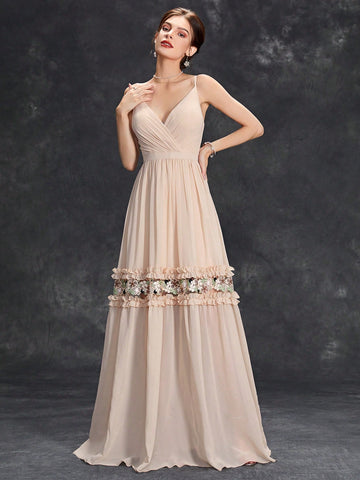 Floral Embroidery Ruffle Trim Bridesmaid Dress