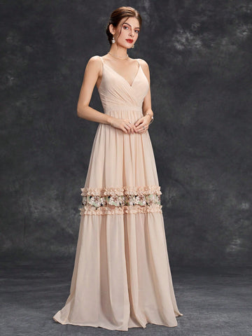 Floral Embroidery Ruffle Trim Bridesmaid Dress