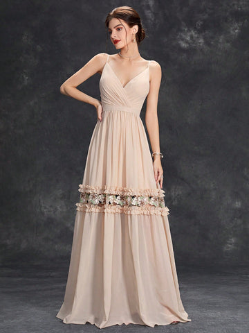 Floral Embroidery Ruffle Trim Bridesmaid Dress