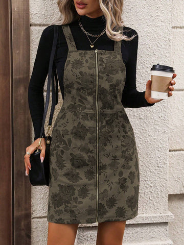 Floral Print Zipper Pocket Thick Strap Sleeveless Dress