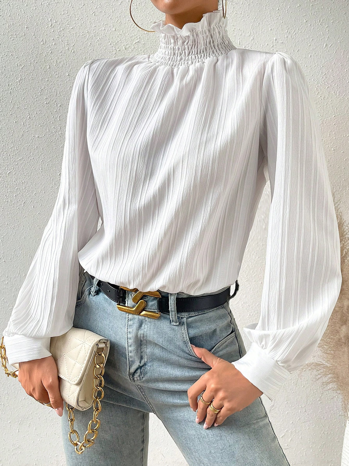 Frill Trim Mock Neck Puff Sleeve Bodysuit