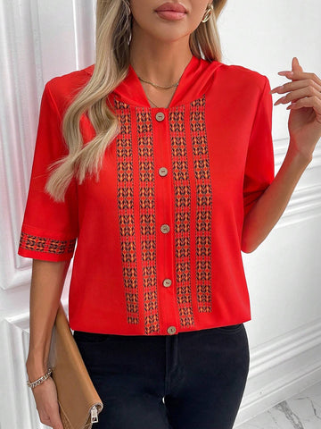 Unity Geometric Print Button Front Hooded Casual Shirt