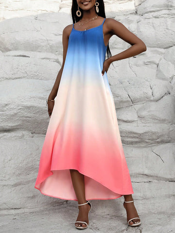 Gradient Loose Fit Spaghetti Strap Dress With Round Neckline