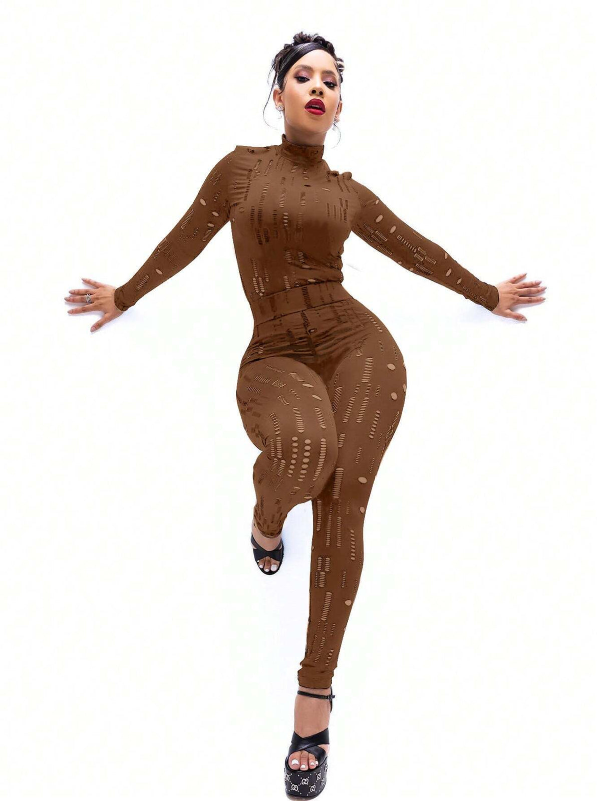 LD82014 New Arrival European & American Style Women's Elastic Ripped Turtleneck Sweater And Skinny Pants Set