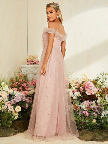 Off-shoulder 3d Flower Detail, Sheer Split Mesh With Sequin, Flowy Dress