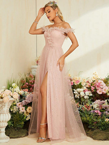 Off-shoulder 3d Flower Detail, Sheer Split Mesh With Sequin, Flowy Dress