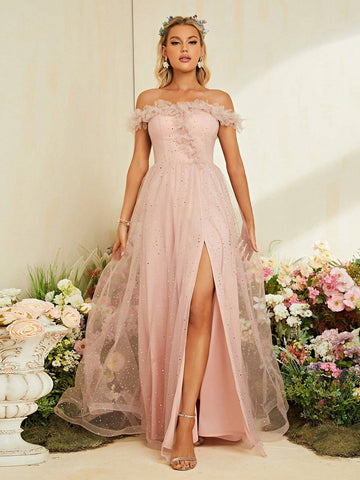 Off-shoulder 3d Flower Detail, Sheer Split Mesh With Sequin, Flowy Dress