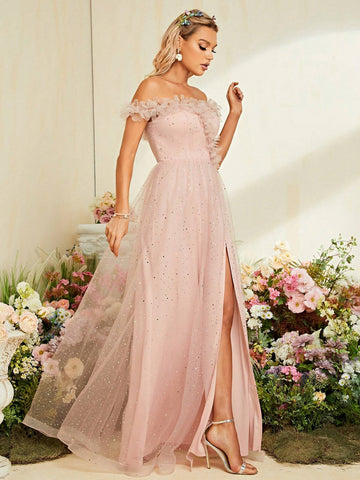 Off-shoulder 3d Flower Detail, Sheer Split Mesh With Sequin, Flowy Dress