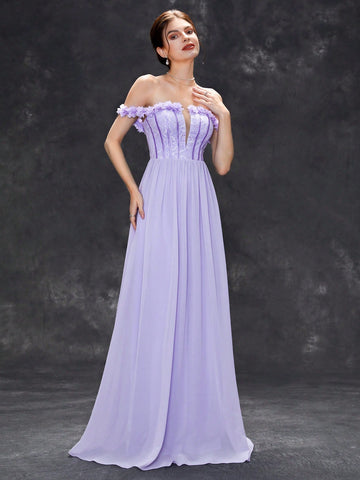 Off Shoulder Floral Applique Chiffon Bridesmaid Dress