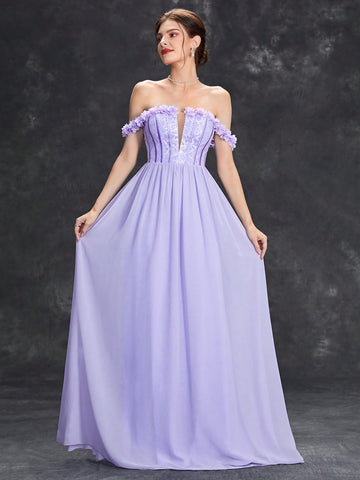 Off Shoulder Floral Applique Chiffon Bridesmaid Dress