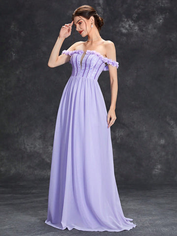 Off Shoulder Floral Applique Chiffon Bridesmaid Dress