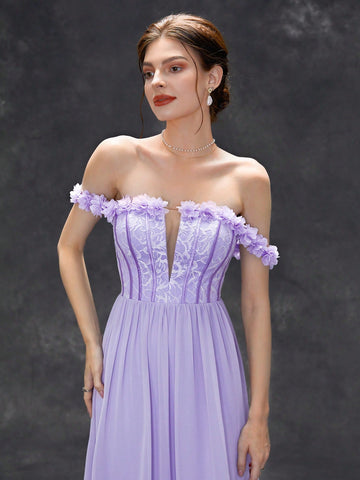 Off Shoulder Floral Applique Chiffon Bridesmaid Dress