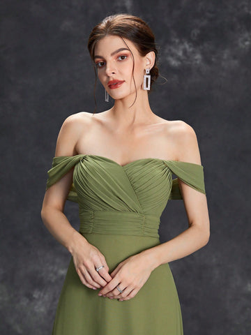 Off Shoulder Ruched Bust Bridesmaid Dress