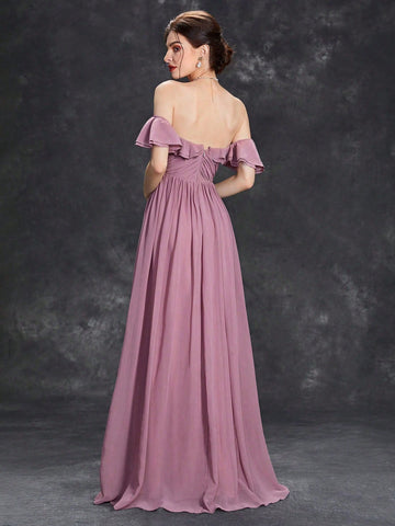 Off Shoulder Ruffle Trim Chiffon Bridesmaid Dress