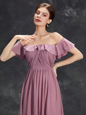 Off Shoulder Ruffle Trim Chiffon Bridesmaid Dress