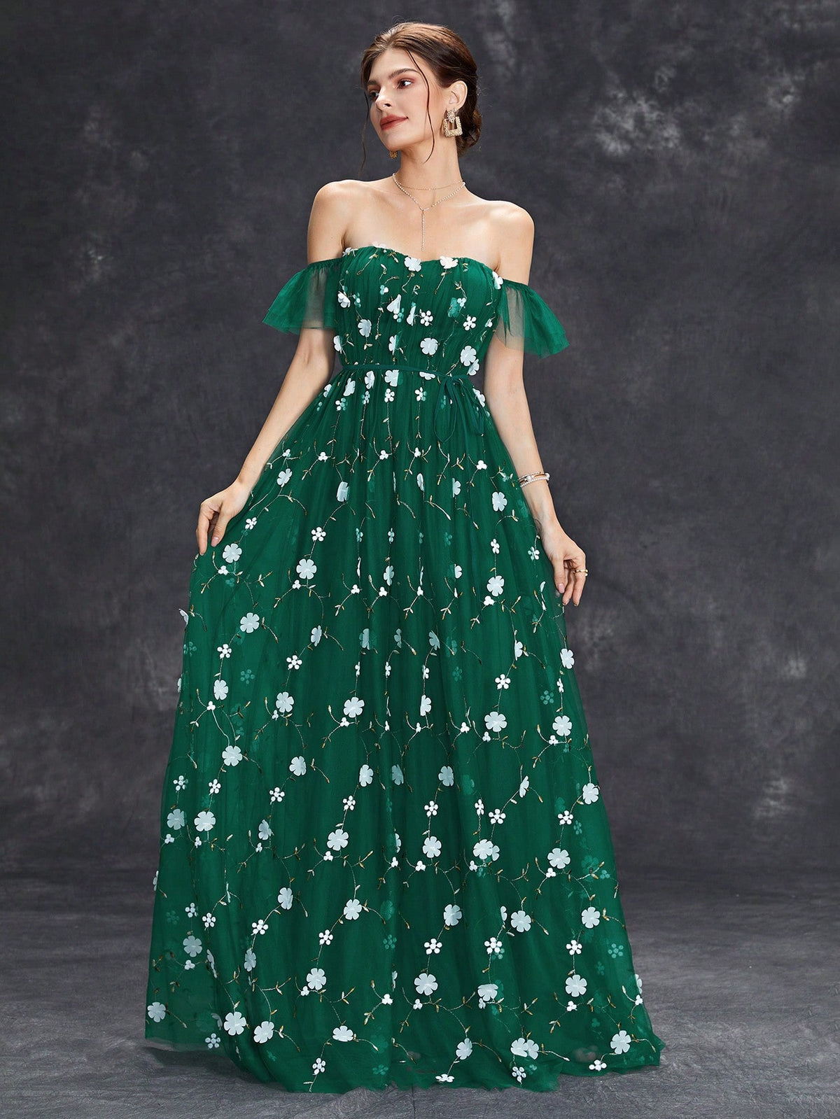 Off Shoulder Ruffle Trim Floral Embroidery Mesh Wedding Dress