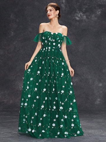 Off Shoulder Ruffle Trim Floral Embroidery Mesh Wedding Dress