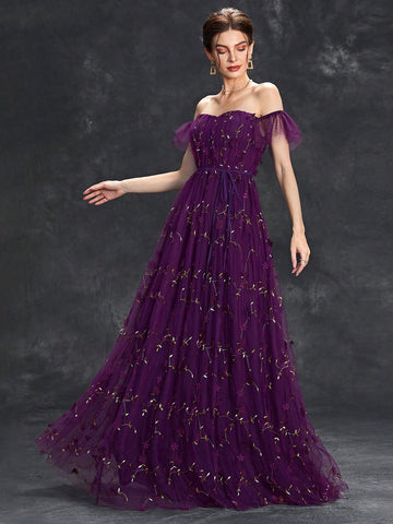 Off Shoulder Ruffle Trim Floral Embroidery Mesh Wedding Dress