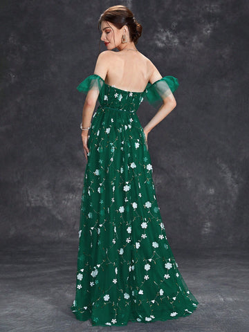 Off Shoulder Ruffle Trim Floral Embroidery Mesh Wedding Dress