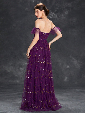 Off Shoulder Ruffle Trim Floral Embroidery Mesh Wedding Dress