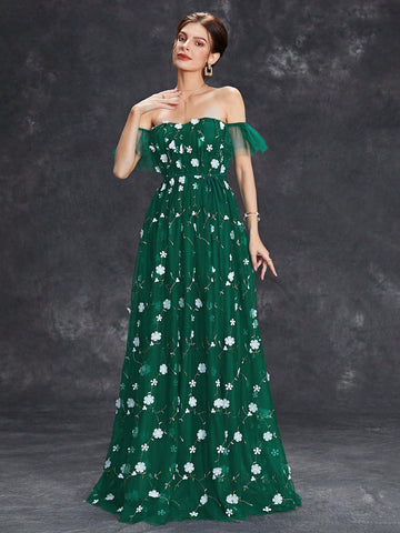 Off Shoulder Ruffle Trim Floral Embroidery Mesh Wedding Dress