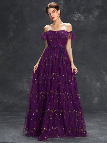 Off Shoulder Ruffle Trim Floral Embroidery Mesh Wedding Dress