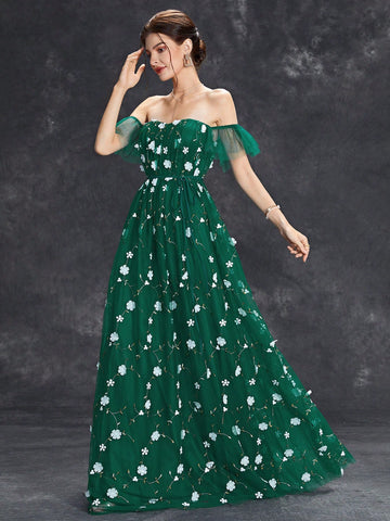 Off Shoulder Ruffle Trim Floral Embroidery Mesh Wedding Dress