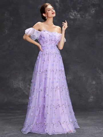 Off Shoulder Ruffle Trim Floral Embroidery Mesh Wedding Dress