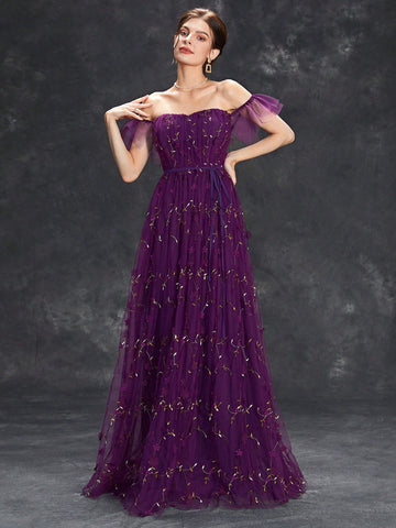 Off Shoulder Ruffle Trim Floral Embroidery Mesh Wedding Dress