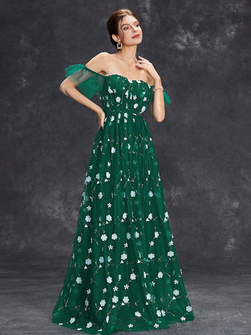 Off Shoulder Ruffle Trim Floral Embroidery Mesh Wedding Dress