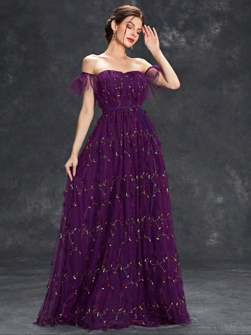 Off Shoulder Ruffle Trim Floral Embroidery Mesh Wedding Dress