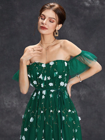 Off Shoulder Ruffle Trim Floral Embroidery Mesh Wedding Dress