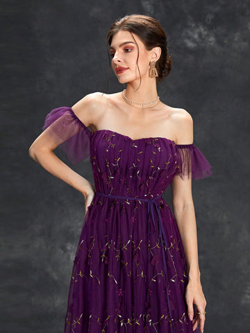 Off Shoulder Ruffle Trim Floral Embroidery Mesh Wedding Dress