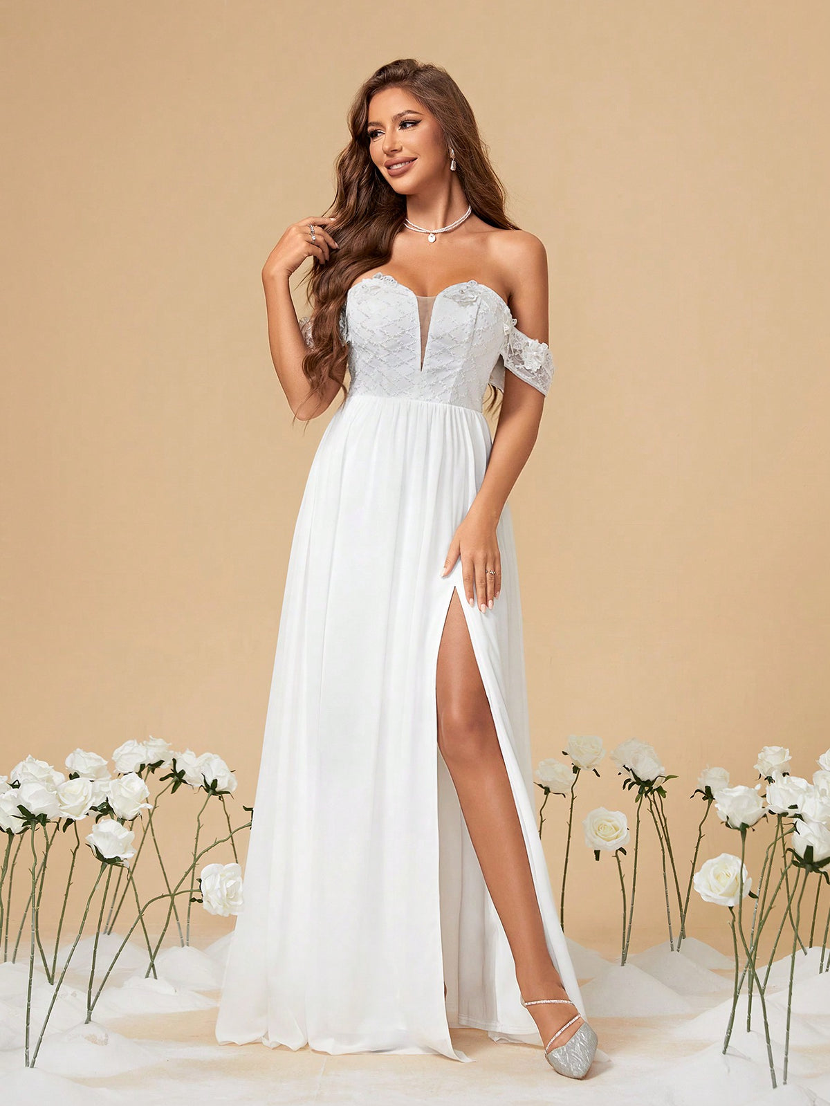 One Shoulder Lace & 3d Flower Patchwork Chiffon Wedding Dress With High Slit