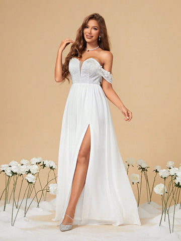 One Shoulder Lace & 3d Flower Patchwork Chiffon Wedding Dress With High Slit