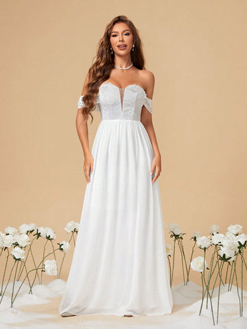 One Shoulder Lace & 3d Flower Patchwork Chiffon Wedding Dress With High Slit