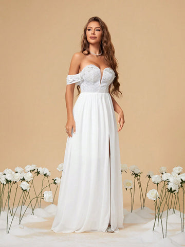 One Shoulder Lace & 3d Flower Patchwork Chiffon Wedding Dress With High Slit