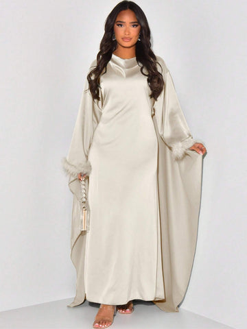 Patchwork Fur Cuffs Maxi Satin Dress With Cape
