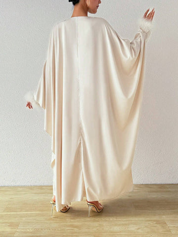Patchwork Fur Cuffs Maxi Satin Dress With Cape