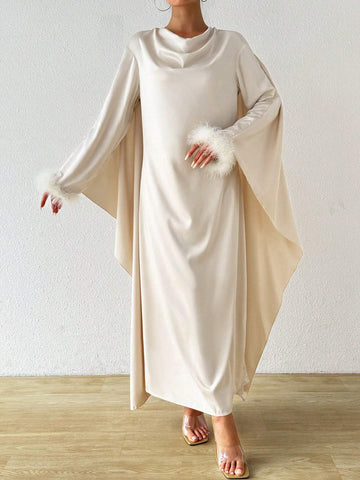 Patchwork Fur Cuffs Maxi Satin Dress With Cape