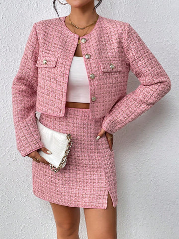 Plaid Pattern Flap Detail Jacket & Split Hem Skirt