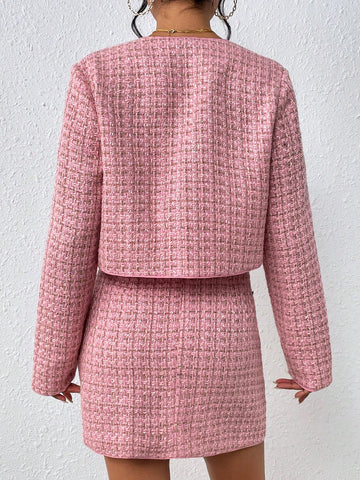 Plaid Pattern Flap Detail Jacket & Split Hem Skirt