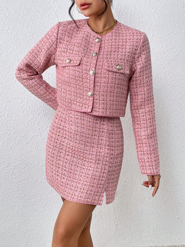 Plaid Pattern Flap Detail Jacket & Split Hem Skirt