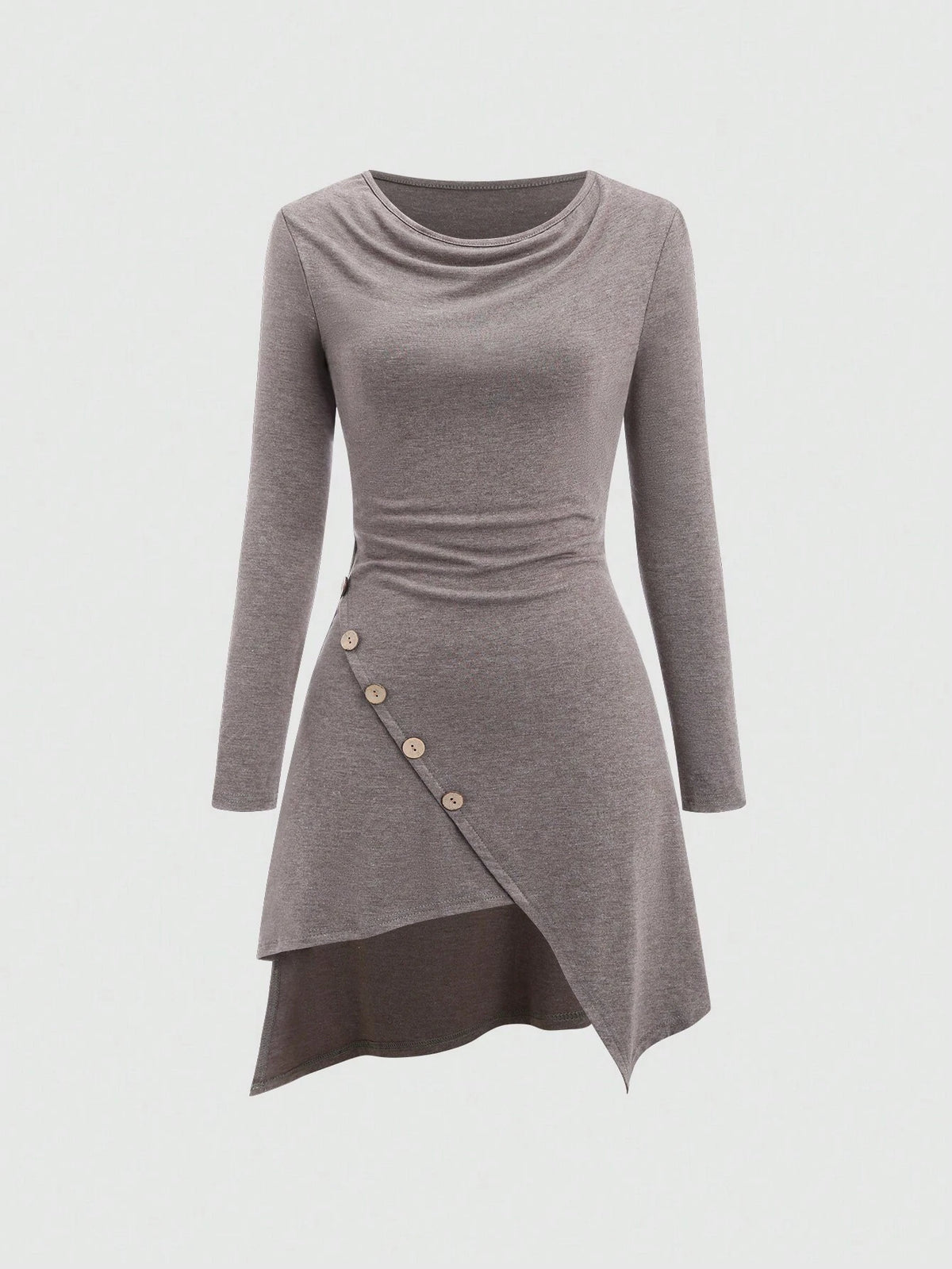 Plain Round Neck Long Sleeve Button Decorated Casual Dress