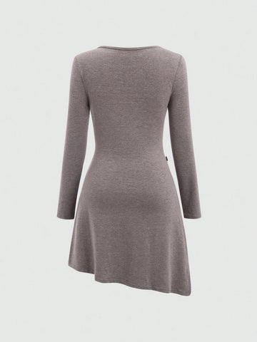 Plain Round Neck Long Sleeve Button Decorated Casual Dress