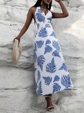 Plant Printed Open Back Halter Neck Dress