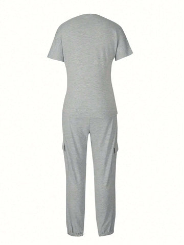 Round Neck Letter Print Short Sleeve Top + Drawstring Elastic Waist Pocket Pants 2 Piece Set